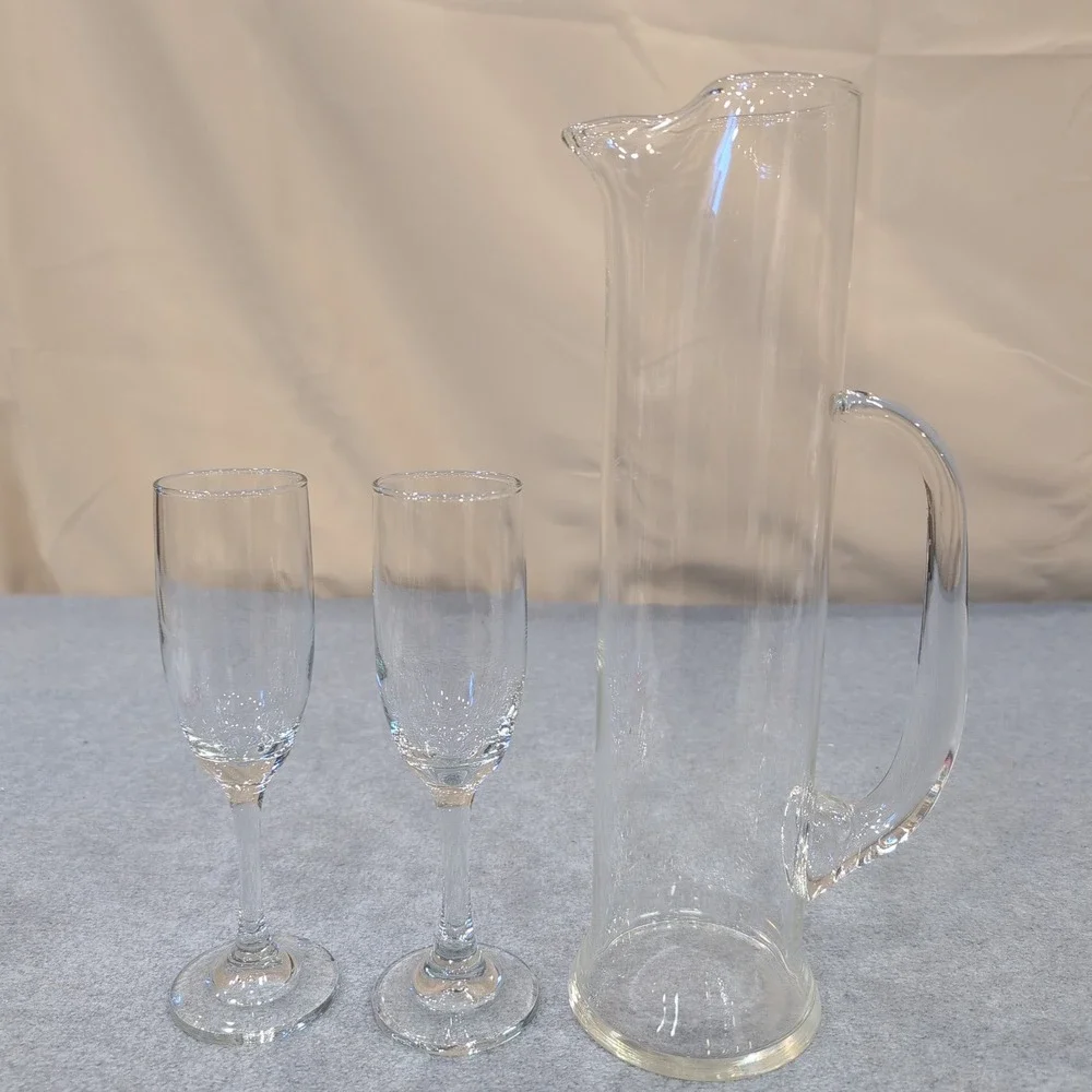 Wedding Clear‎ Glass Pitcher and Two Flute Glasses Toasting Set